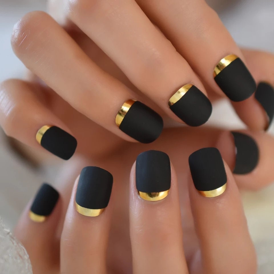 24 Matte Black Square Gold Chrome Rim Black Press On Nails Glue on kit goth edgy short