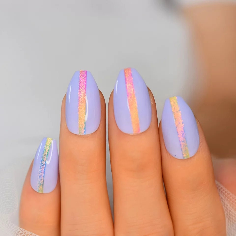 24 Purple Holographic Ombre Stripe Medium Stiletto Almond Press On nails Glue on edgy trendy