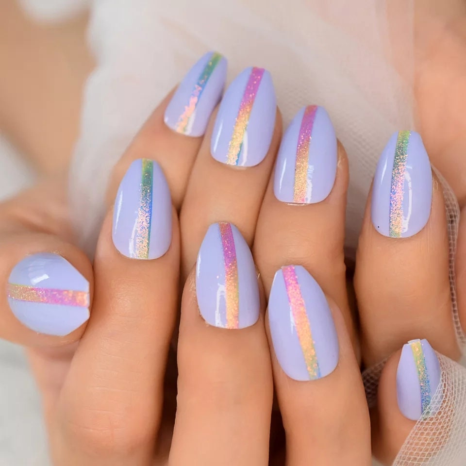 24 Purple Holographic Ombre Stripe Medium Stiletto Almond Press On nails Glue on edgy trendy