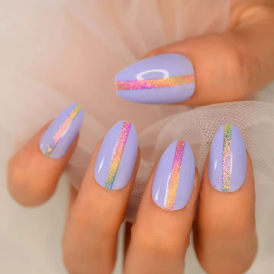 24 Purple Holographic Ombre Stripe Medium Stiletto Almond Press On nails Glue on edgy trendy
