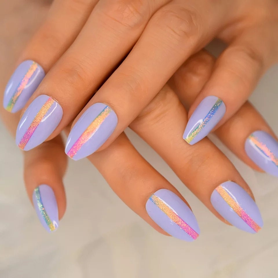 24 Purple Holographic Ombre Stripe Medium Stiletto Almond Press On nails Glue on edgy trendy