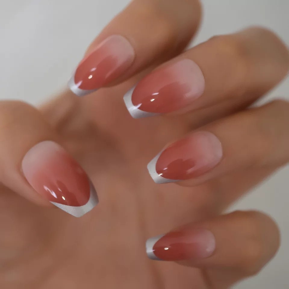 Peach Glaze Silver Rim Medium Long Press On Nails – Glossy Glue-On Manicure surethings