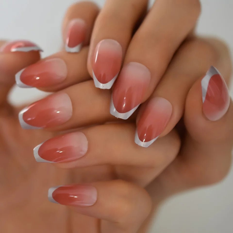 Peach Glaze Silver Rim Medium Long Press On Nails – Glossy Glue-On Manicure surethings