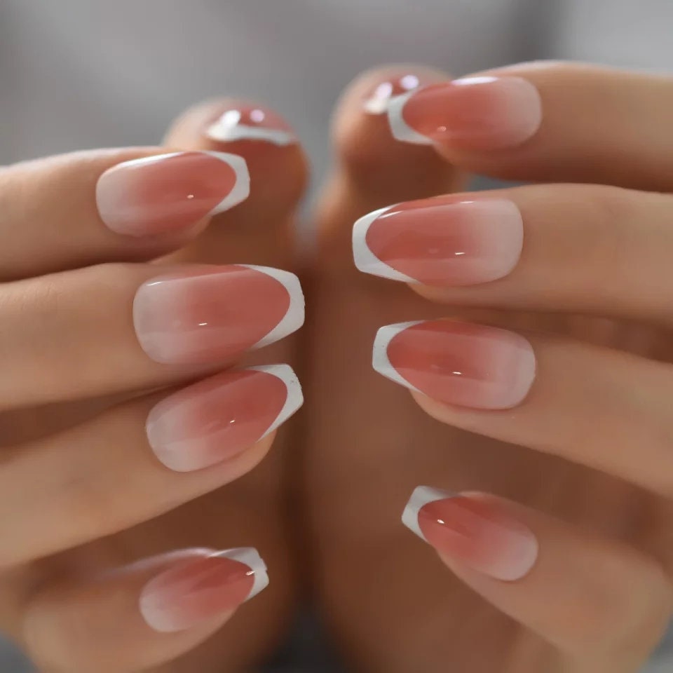 Peach Glaze Silver Rim Medium Long Press On Nails – Glossy Glue-On Manicure surethings