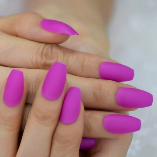 Bright pink and purple matte long press on nails – 24-piece neon 80s rave medium coffin glue on manicure set surethings