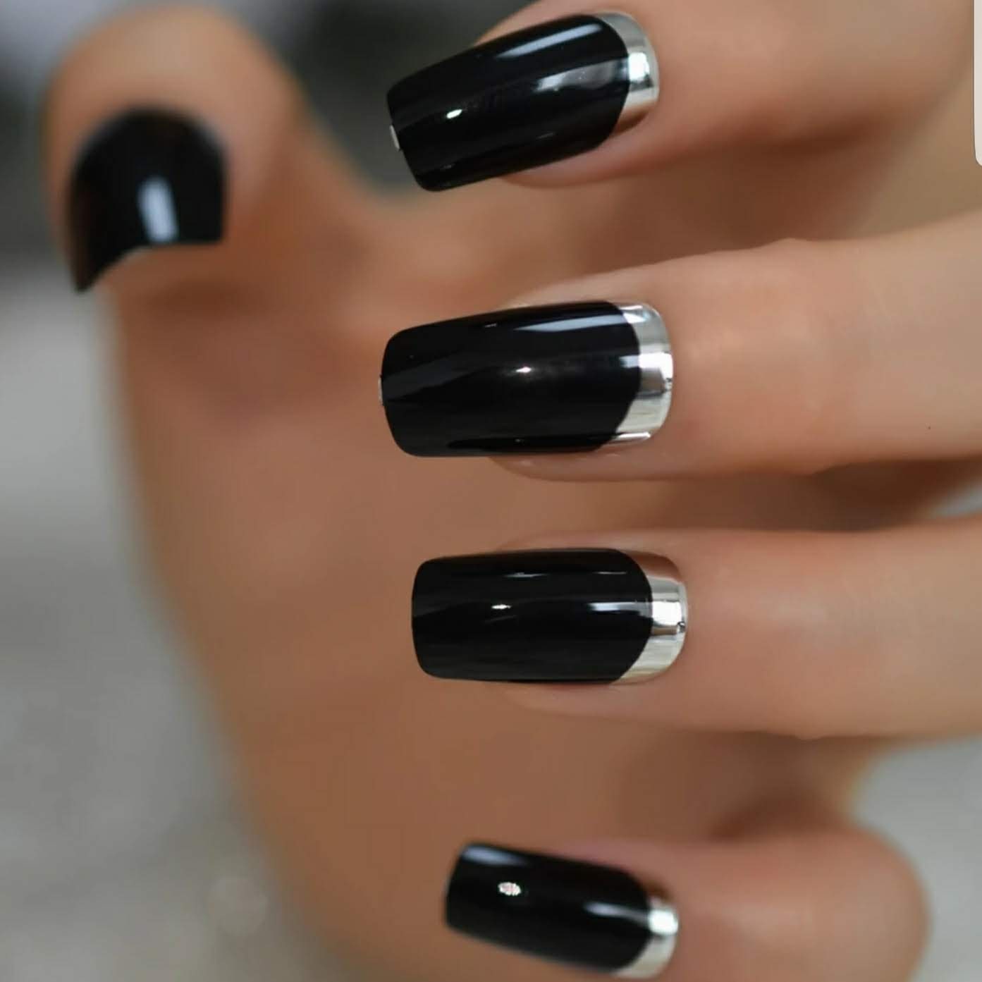 24 Glossy Black Square Chrome edge Silver Long Press On Nails Glue on kit goth edgy medium