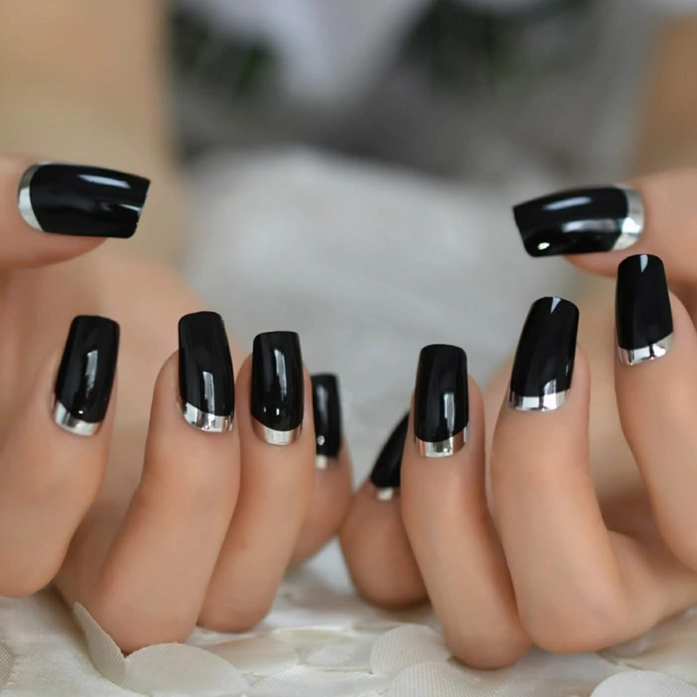 24 Glossy Black Square Chrome edge Silver Long Press On Nails Glue on kit goth edgy medium