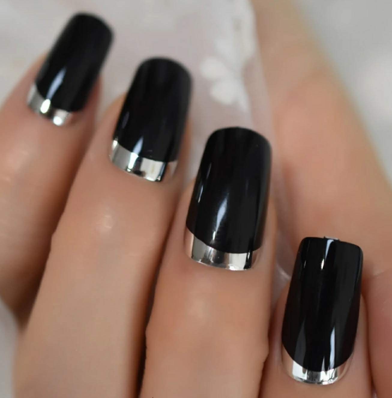 24 Glossy Black Square Chrome edge Silver Long Press On Nails Glue on kit goth edgy medium