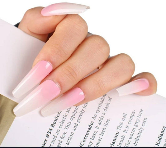 24 Pink Ombre Coffin Long Press On Nails – French Mani with White Tips, Glue-On Classic Set surethings