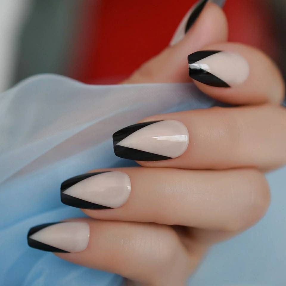 24PCS V-Shape Black Tip French Long Press On Nails – Gothic Medium Glue-On Set surethings