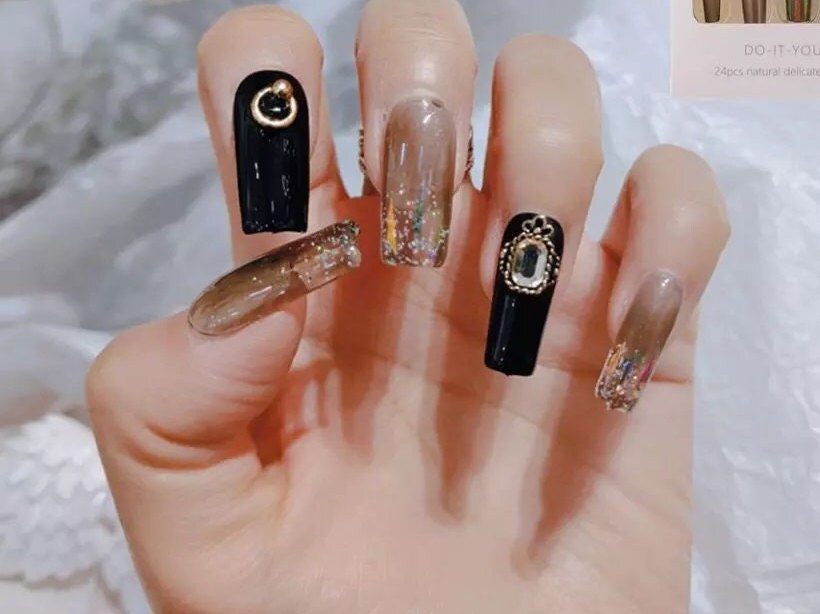 24 Goth Square Monochrome Clear Ombre French Glitter rim Long Press On Nails kit glue on purple dark jelly