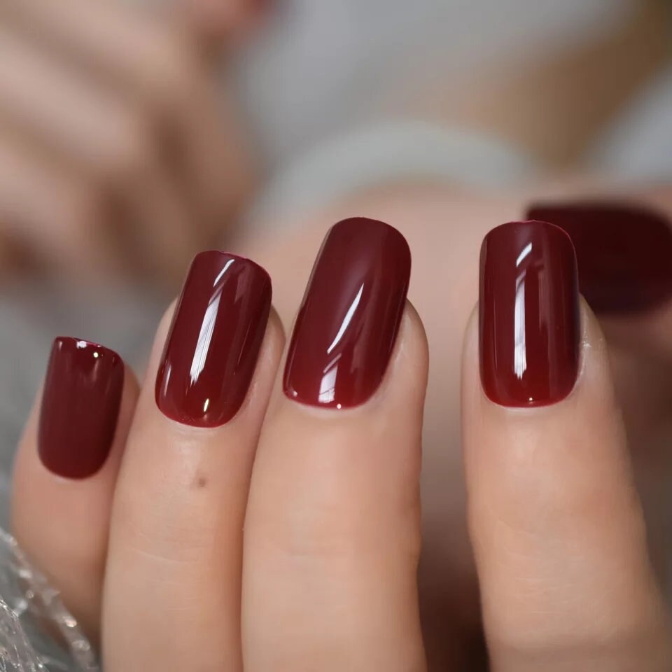 24 pcs Cherry Glaze Dark Red Medium Square Long press on Nails Glue on glaze blood maroon burgundy