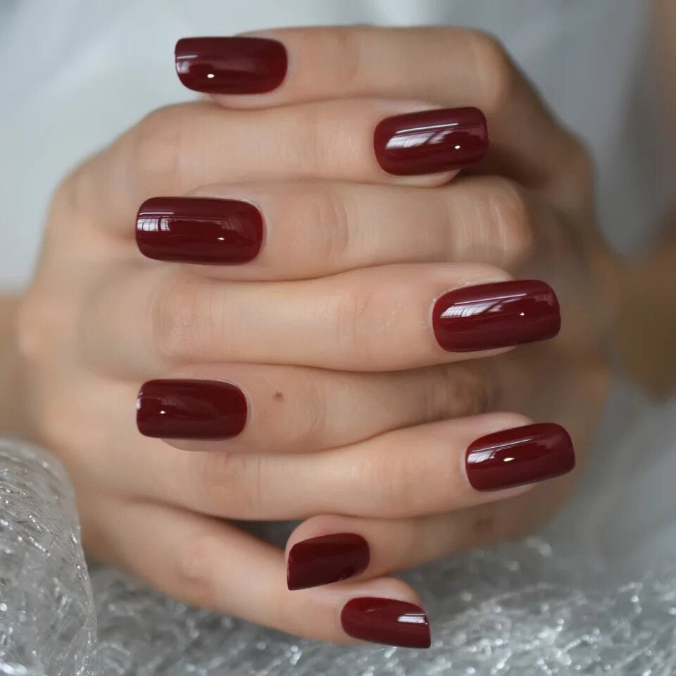 24 pcs Cherry Glaze Dark Red Medium Square Long press on Nails Glue on glaze blood maroon burgundy