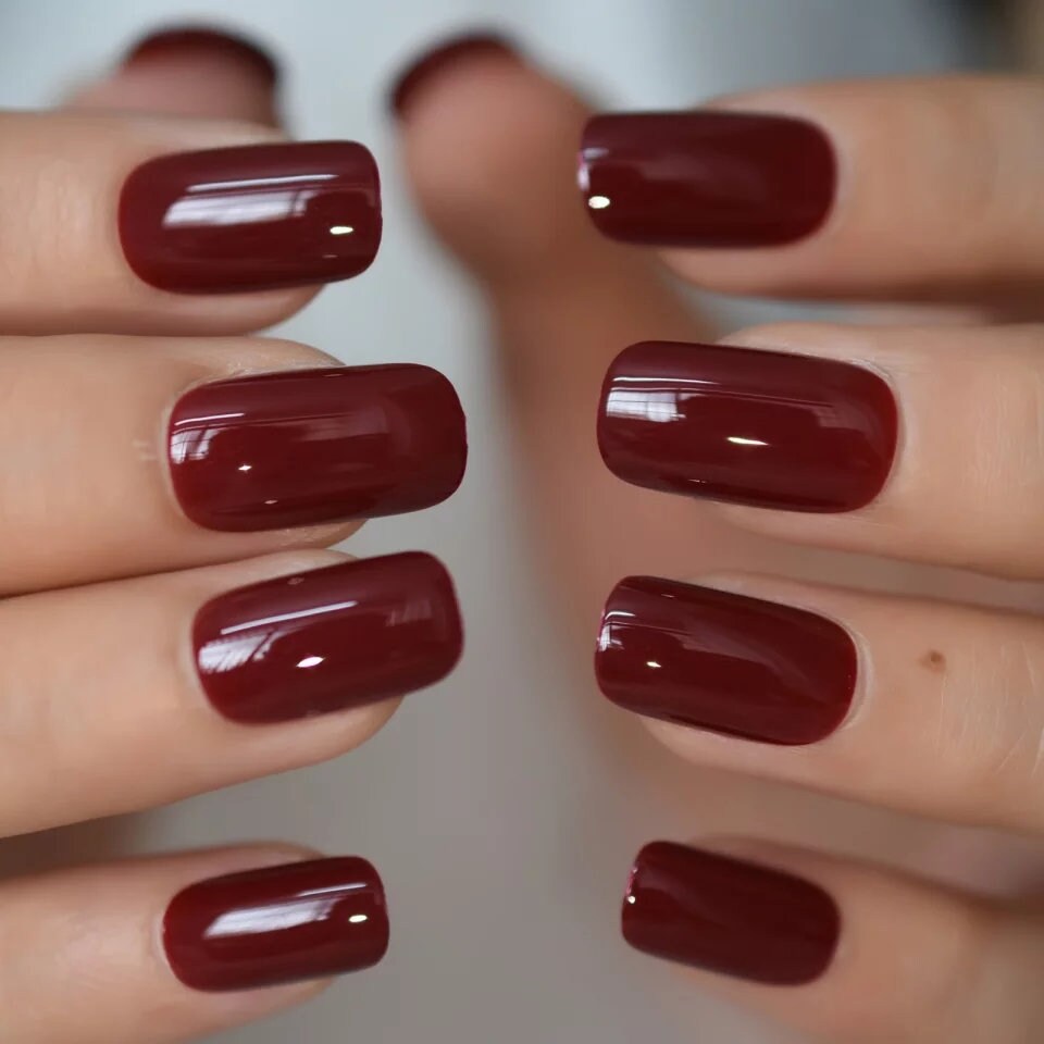 24 pcs Cherry Glaze Dark Red Medium Square Long press on Nails Glue on glaze blood maroon burgundy