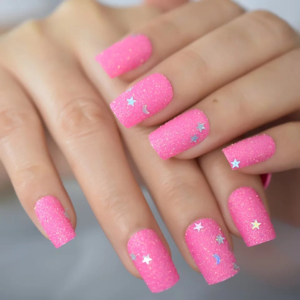 24 Hot Pink Glitter Coffin Long Press On Nails – Sparkly Glue-On Kit with Stars & Moon Design surethings