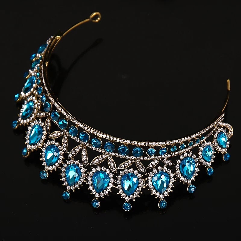 Aqua Blue sapphire Crystal Silver Princess Tiara Detail Princess Queen diadem jewelry 