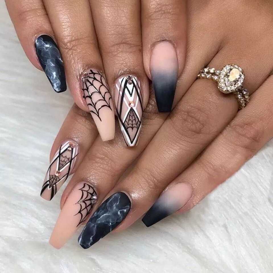 Extra Long Press On Nails – Matte Black Nude Ombre with Spiderweb Gothic Coffin Tips surethings