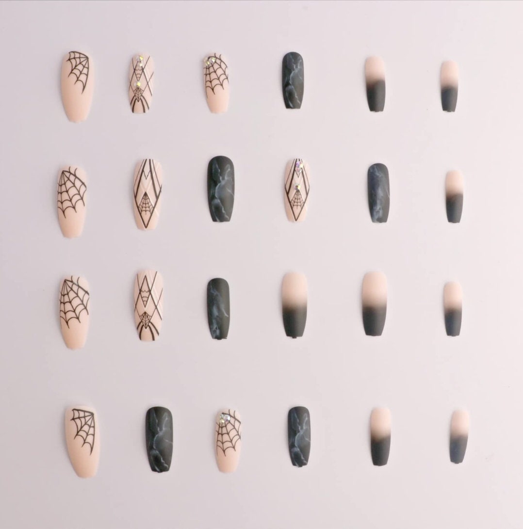Extra Long Press On Nails – Matte Black Nude Ombre with Spiderweb Gothic Coffin Tips surethings
