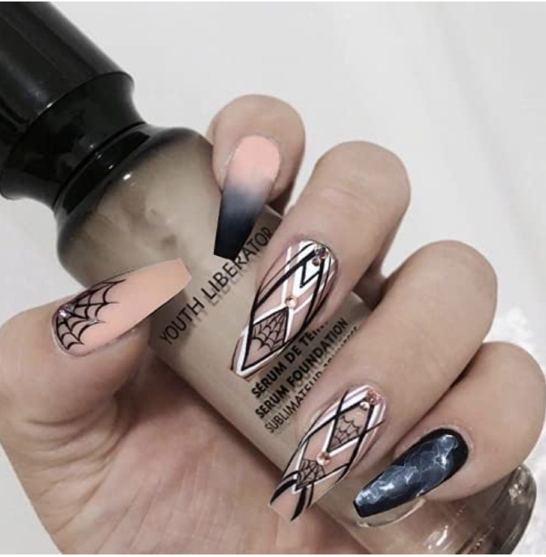 Extra Long Press On Nails – Matte Black Nude Ombre with Spiderweb Gothic Coffin Tips surethings