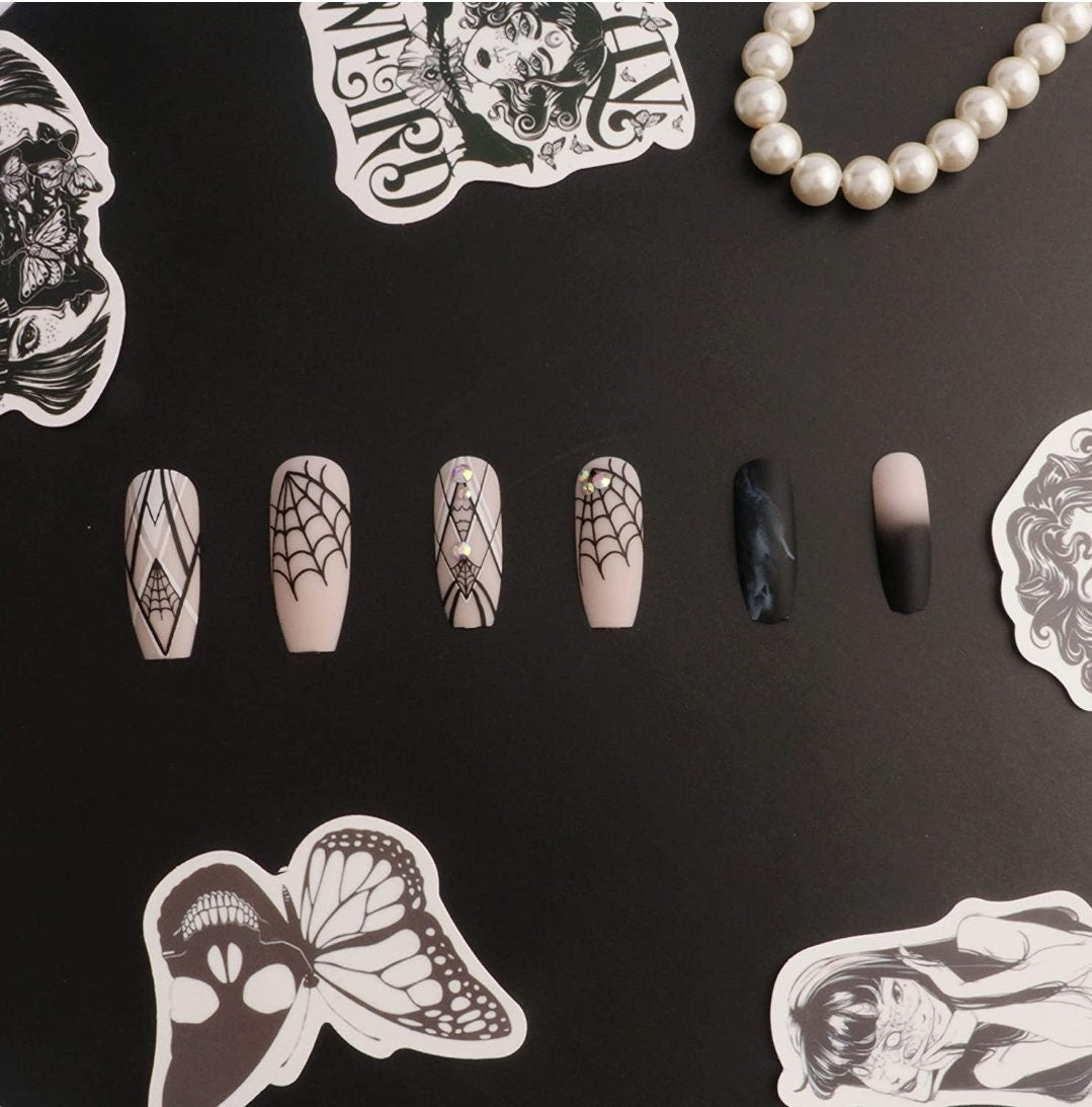 Extra Long Press On Nails – Matte Black Nude Ombre with Spiderweb Gothic Coffin Tips surethings
