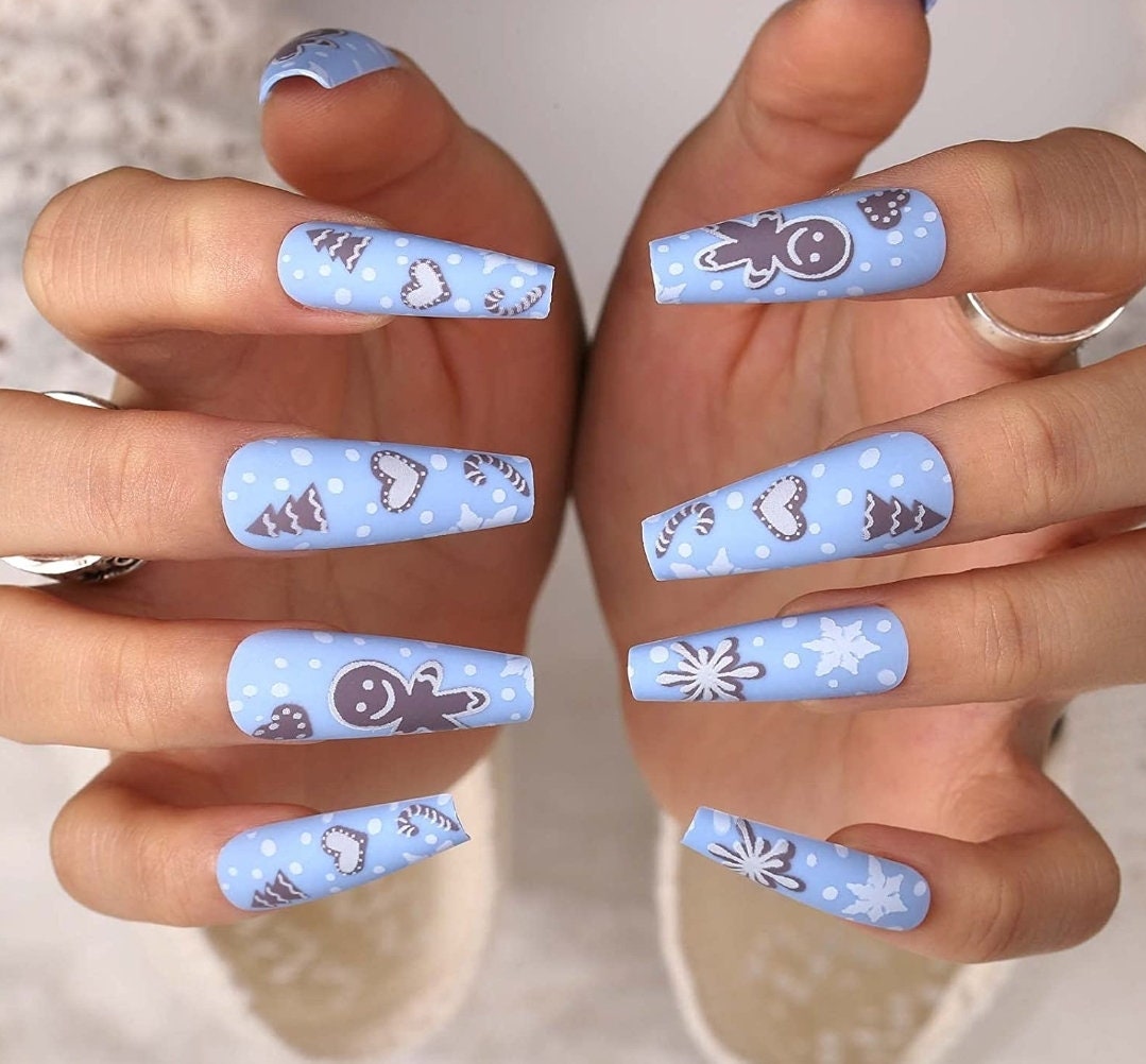 24 Matte Winter Blue Christmas Long Press on nails kit glue on snow flake gingerbread festive