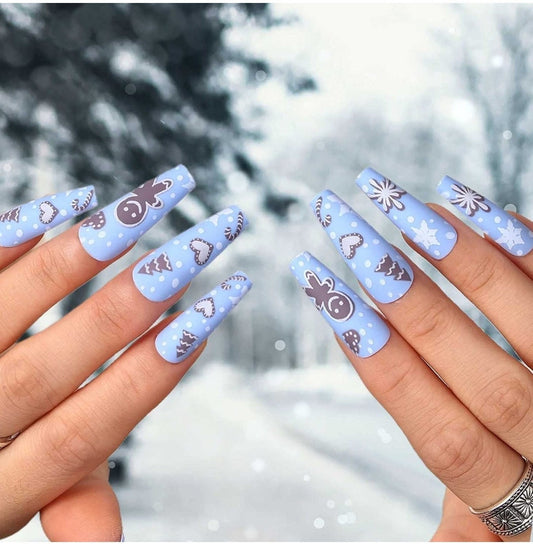24 Matte Winter Blue Christmas Long Press On Nails – Festive Glue-On Kit with Snowflakes & Gingerbread Art surethings
