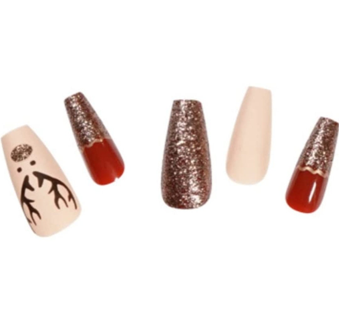 24 Holiday Christmas Press on nails kit glue on snow flake gingerbread festive Xmas long tree reindeer glitter