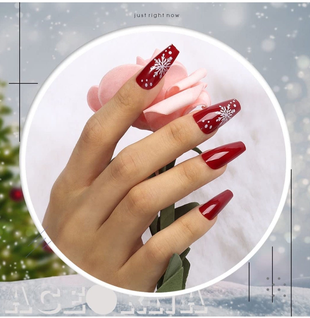24 Holiday Christmas Press on nails kit glue on snow flake gingerbread festive Xmas long tree reindeer glitter