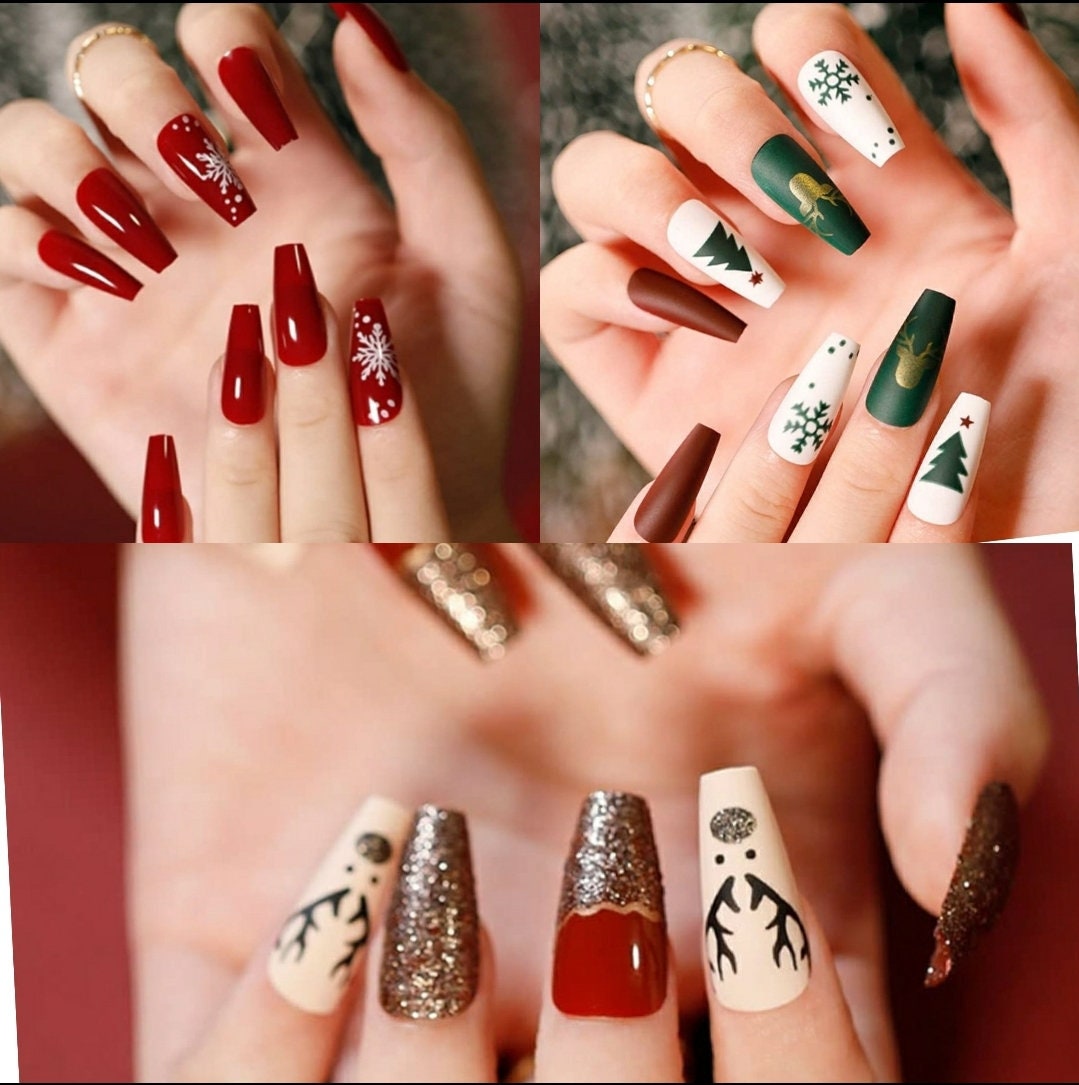 24 Holiday Christmas Press on nails kit glue on snow flake gingerbread festive Xmas long tree reindeer glitter Multi color multicolor