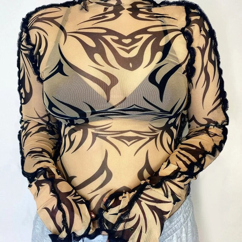 Sheer Nude Black Tribal 90s Y2K Mesh Summer Tops Long Sleeve full waist Soft Stretchy tattoo Elegant Mock Neck see through classic stripe skin tone