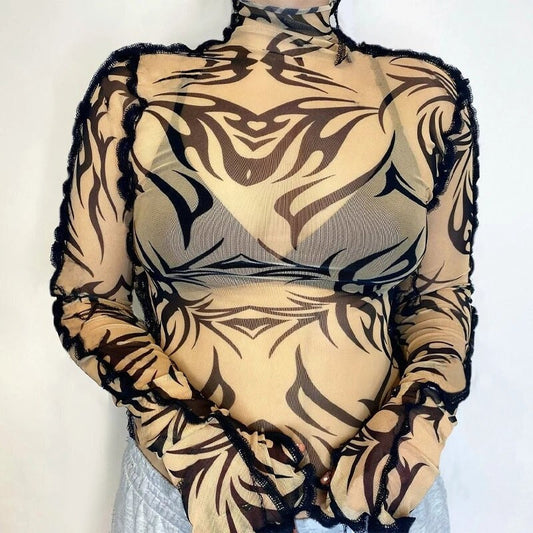 Sheer Nude Black Tribal 90s Y2K Mesh Summer Tops Long Sleeve full waist Soft Stretchy tattoo Elegant Mock Neck see through classic stripe  skin tone