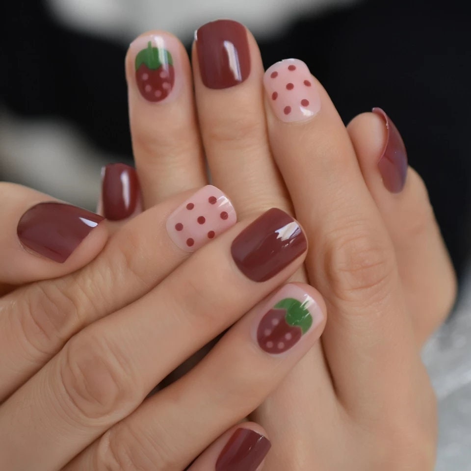 24 Short Press On Nails – Red Berry Design with Strawberry Art, Cute Kawaii Style surethings