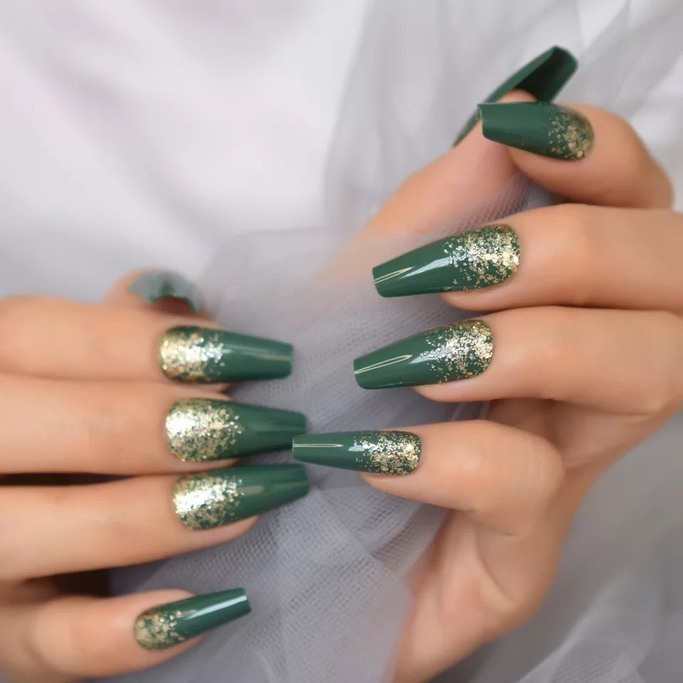 24 Green Gold Glitter Long Press on nails glue on army hunter dark coffin ombre