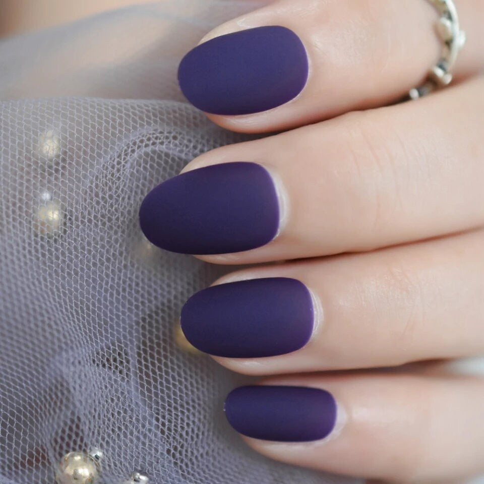 24 dark matte purple short press on nails in oval almond shape, punk 90s style surethings