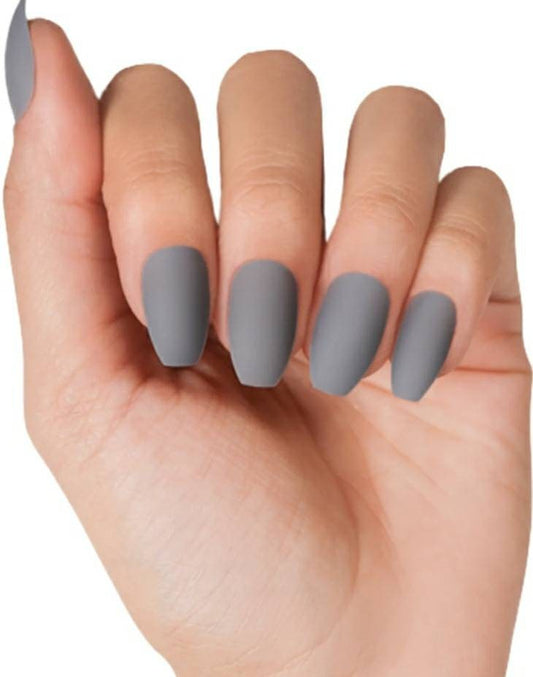 24 Matte Gray medium coffin Long Press On Nails kit glue on gray