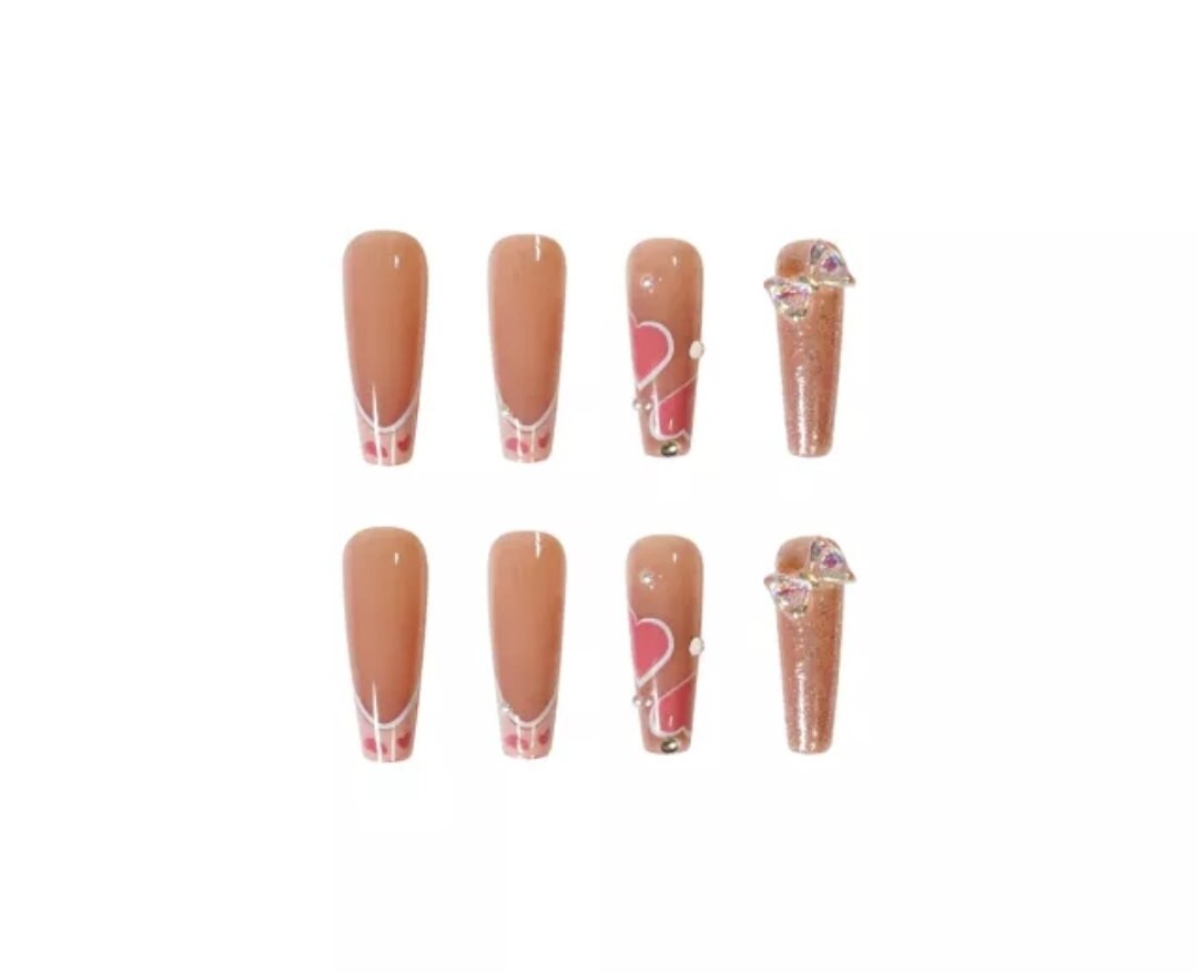24 Nude Long Press On Nails Hearts Bows Glossy  Coffin glue on cream pink cute kawaii glitter