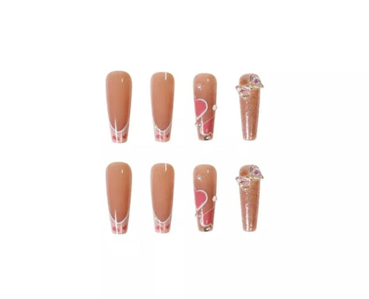 24 Nude Long Press On Nails Hearts Bows Glossy  Coffin glue on cream pink cute kawaii glitter