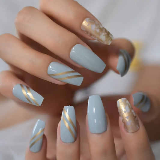 Pale Blue Pastel Long Coffin Press On Nails with Gold Accent Glue-On Set surethings