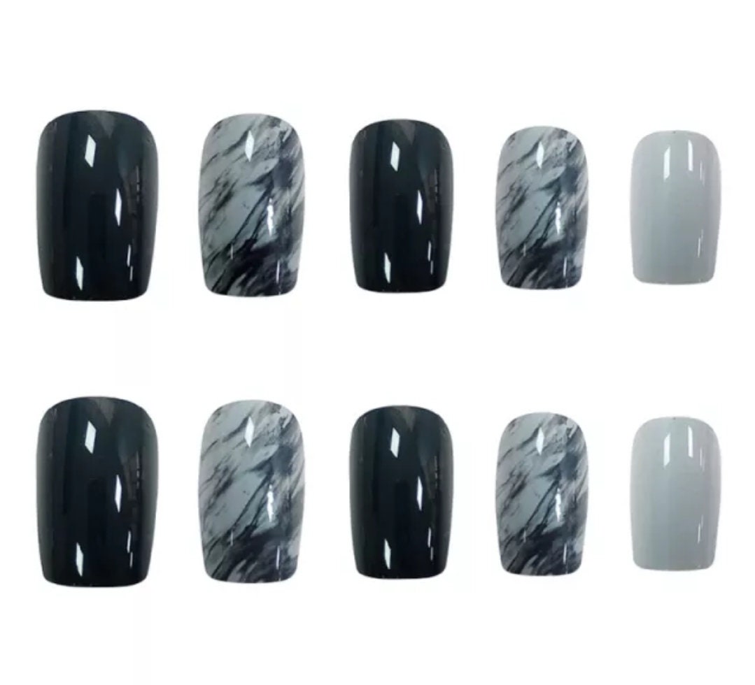 24 Smoky Marble medium square Press On Nails kit glue on dark blue