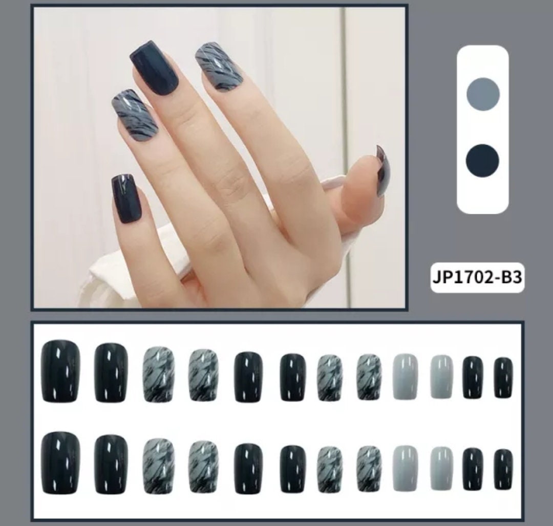 24 Smoky Marble medium square Press On Nails kit glue on dark blue