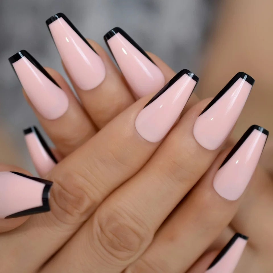 Long pink press on nails with black French tips, gothic and trendy style surethings
