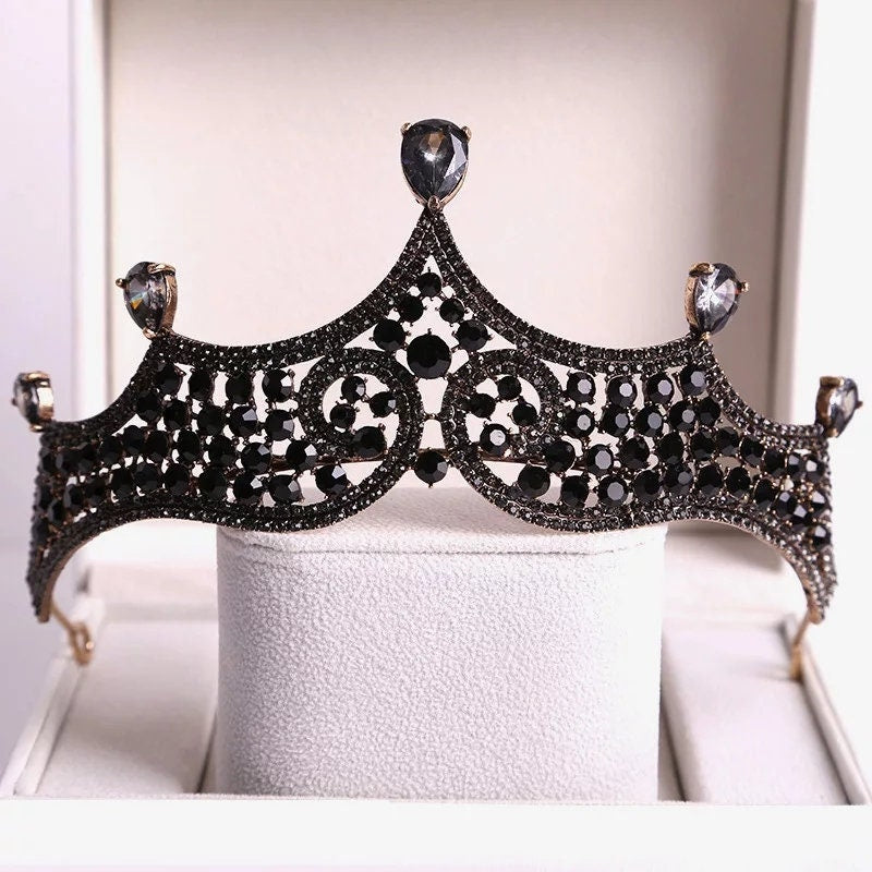 Black gothic tiara crown with vintage baroque design – dark queen bridal cosplay headdress diadem surething