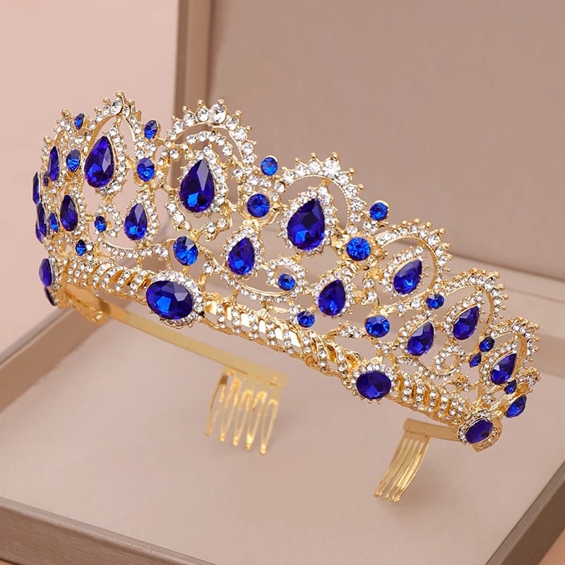 Blue sapphire Crystal Tiara Crown Detail Princess Queen headdress jewelry 