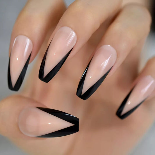 Black Tip French Rim Long Press On Nails – V Shape Glue-On Gothic Nail Set  surethings