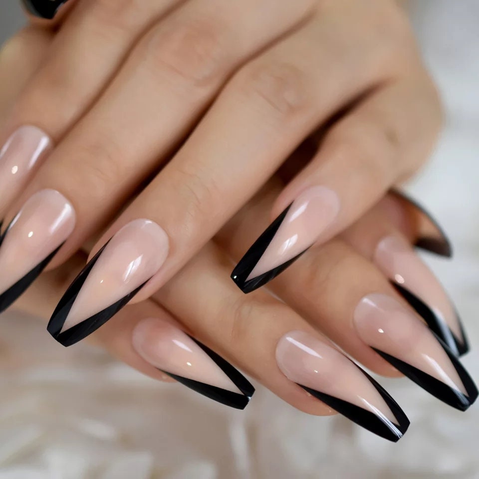 24 pcs Black Tip French Rim V shape Long Press On nails Glue on Gothic edgy trendy classic