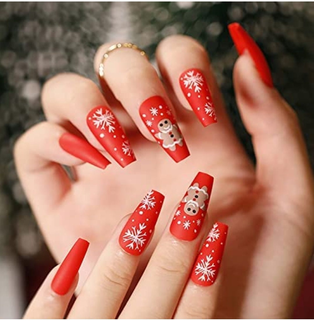 24 Matte Red Christmas Long Press on nails kit glue on snowflake gingerbread festive surethings