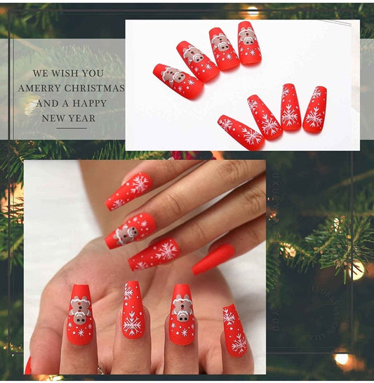 Matte Red Christmas Long Press-On Nails Gingerbread Snowflake Festive Kit by Surethings