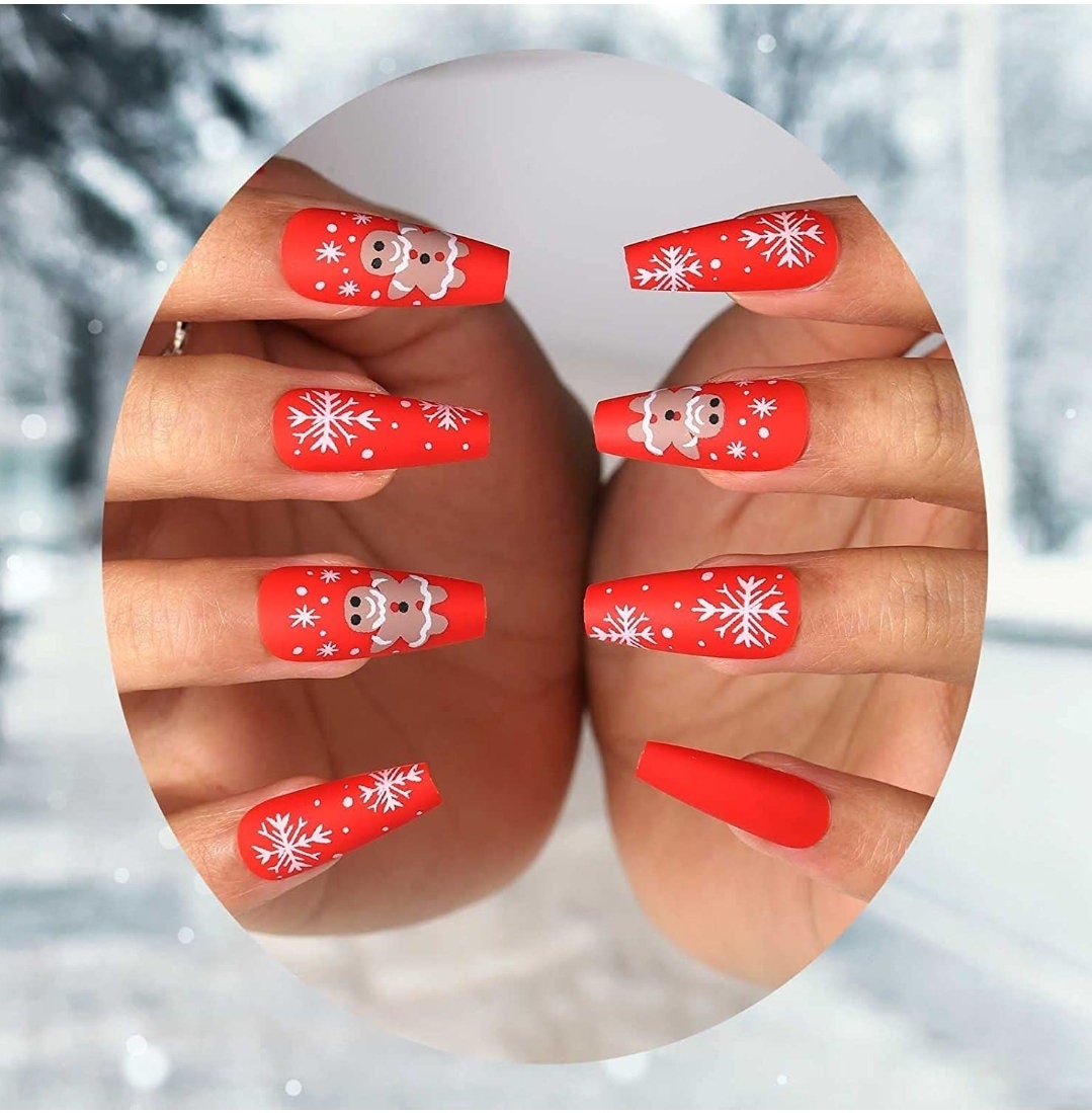 24 Matte Red Christmas Long Press on nails kit glue on snowflake gingerbread festive
