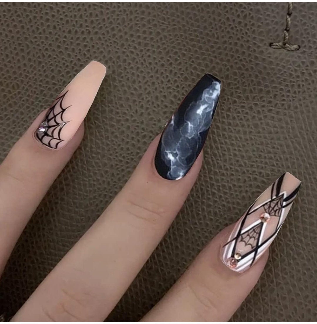 Extra Long Press On Nails – Matte Black Nude Ombre with Spiderweb Gothic Coffin Tips surethings
