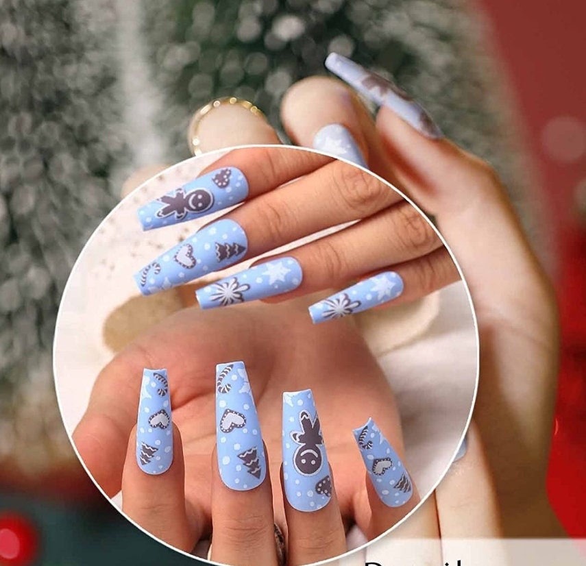 24 Matte Winter Blue Christmas Long Press on nails kit glue on snow flake gingerbread festive